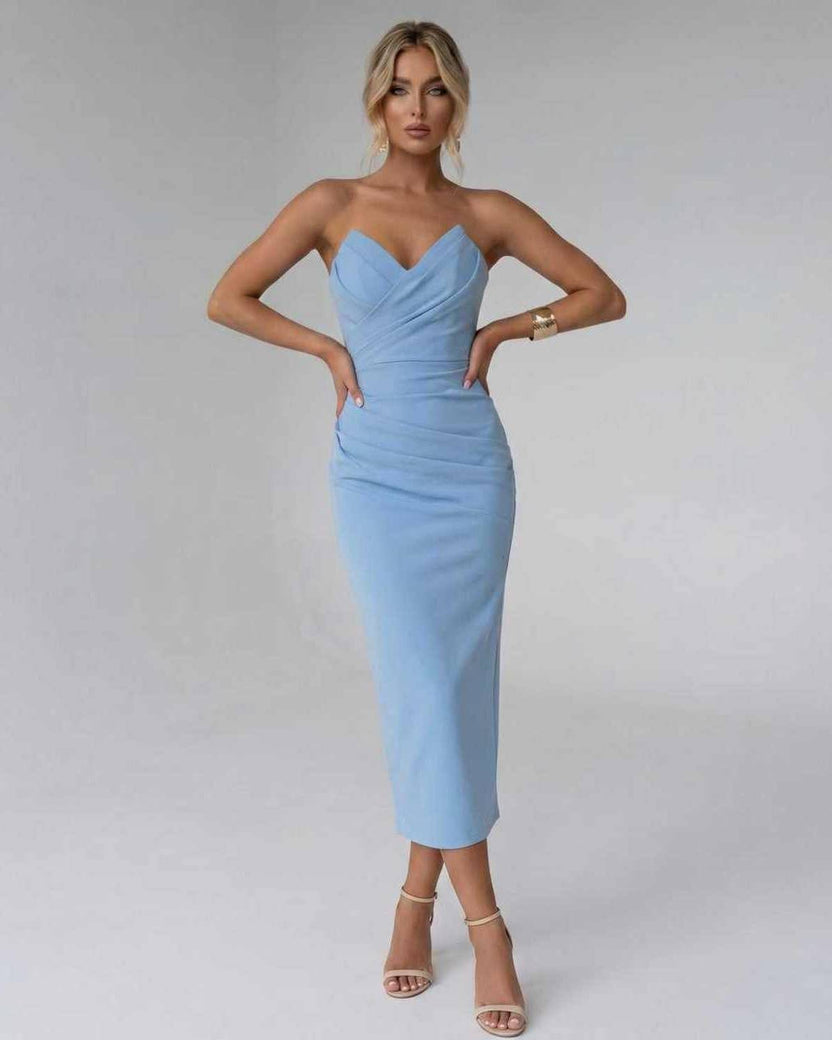 Serelle Midi Dress by Lauven — blue smooth stretch strapless sweetheart neck fitted midi dress