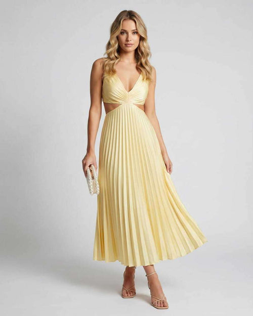 Lunara Midi Dress by Lauven — yellow satin sleeveless V-neck flowing pleated midi dress