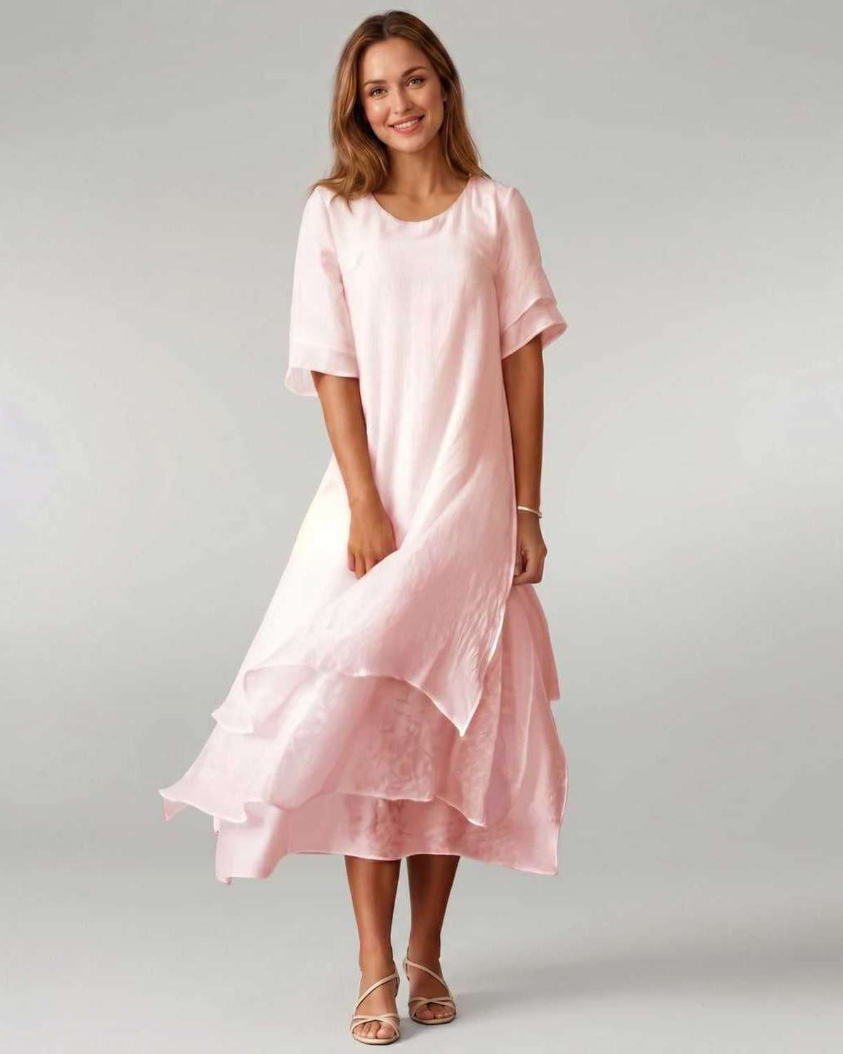 Aurelia Midi Dress by Lauven — pink lightweight short sleeve round neck layered midi dress