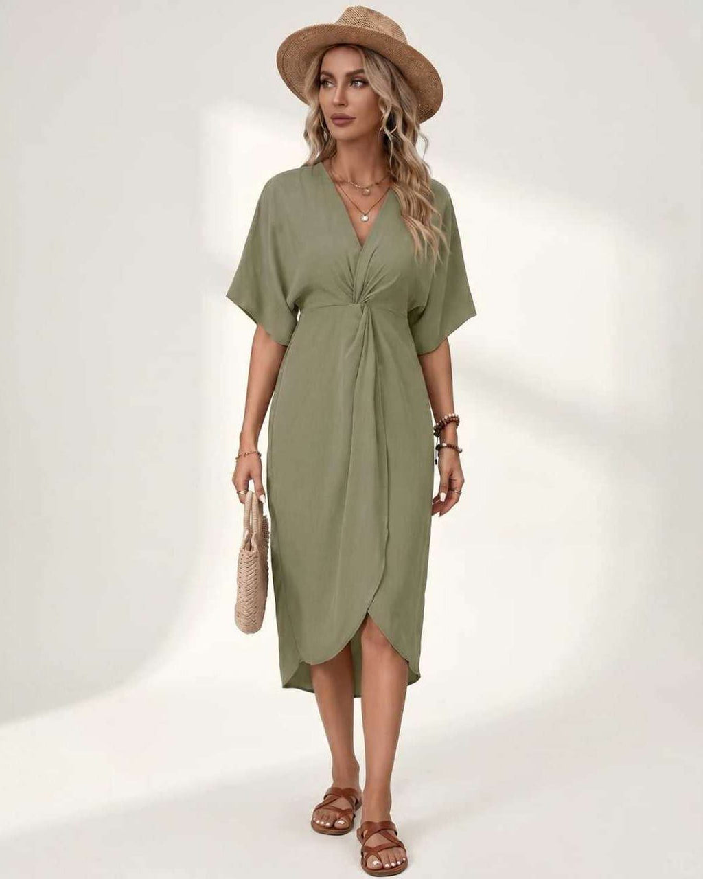 Elara Midi Dress by Lauven — green premium short sleeve V-neck wrap style midi dress