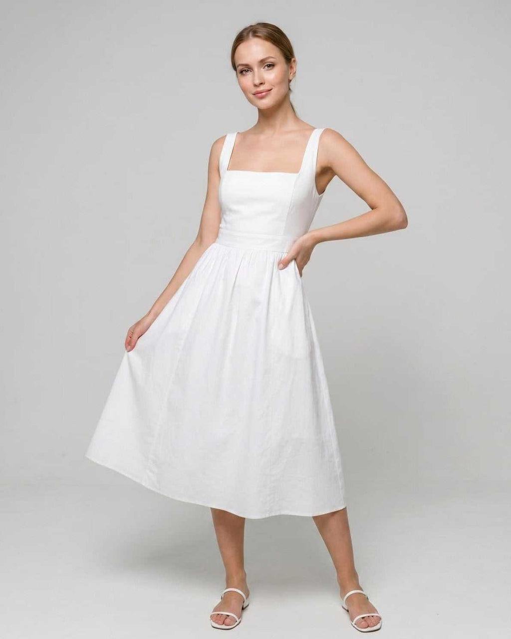 Aveline Midi Dress by Lauven — white lightweight sleeveless square neck fit and flare midi dress