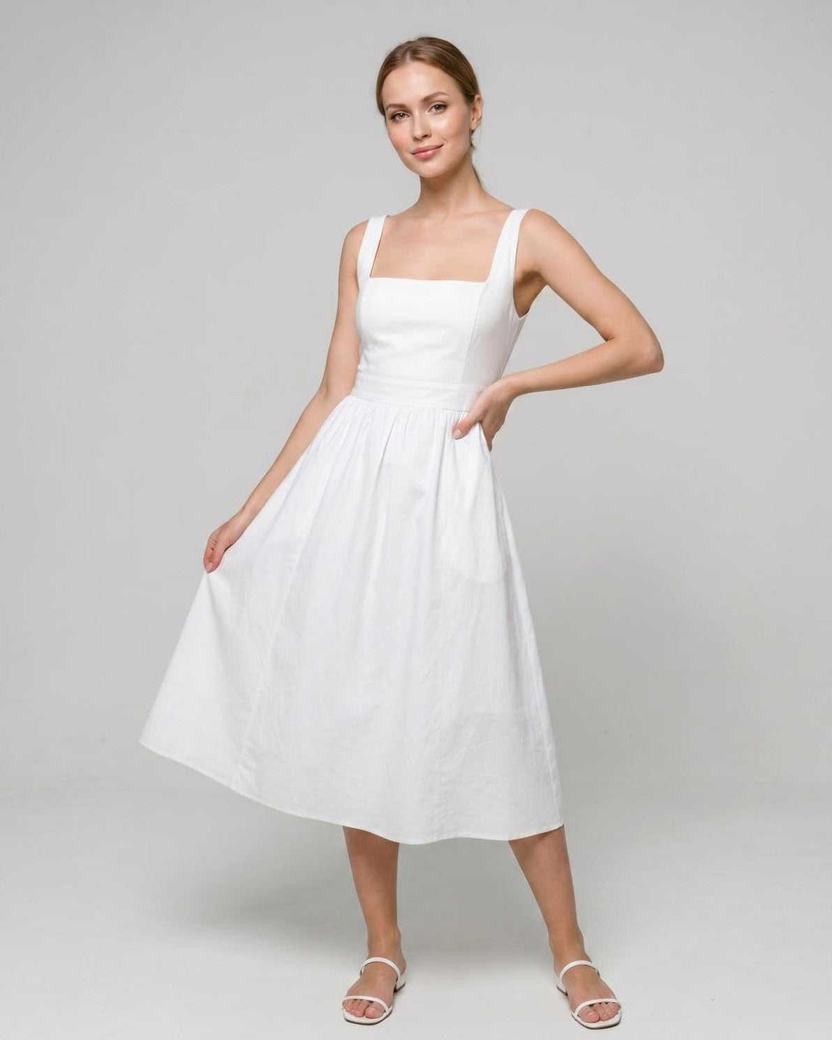 Aveline Midi Dress by Lauven — white lightweight sleeveless square neck fit and flare midi dress