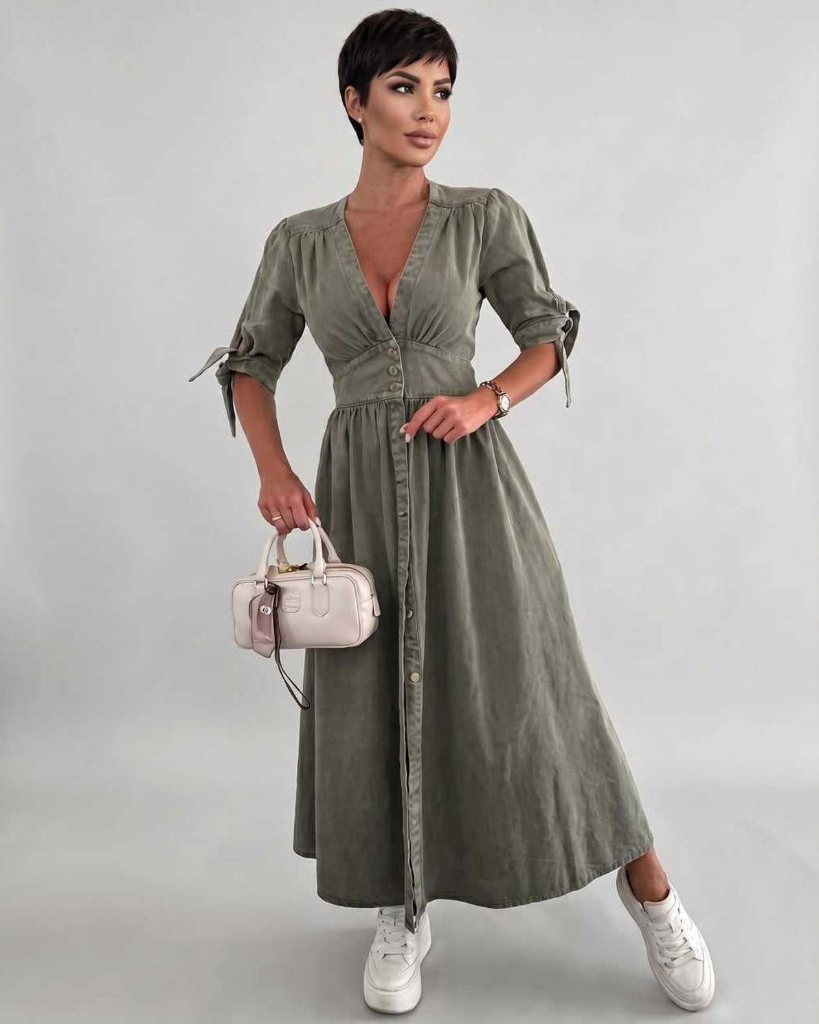 Eloria Midi Dress by Lauven — green lightweight mid sleeve V-neck button front fit and flare midi dress
