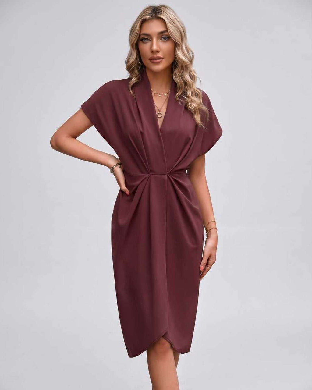 Veloura Midi Dress by Lauven — brown satin cap sleeve V-neck draped midi dress