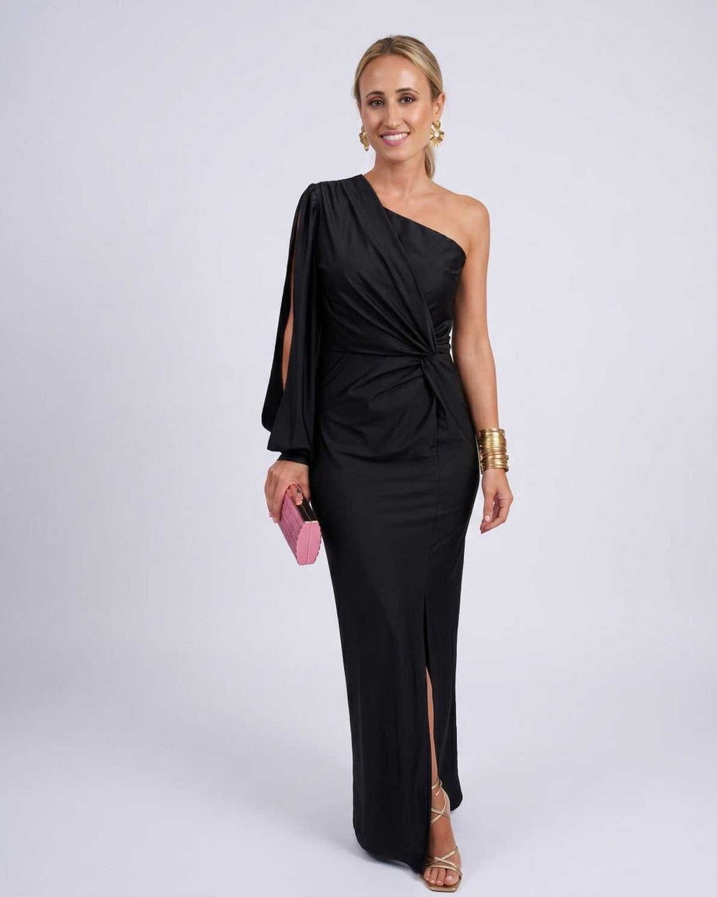Veloura Maxi Dress by Lauven — black satin one-shoulder long sleeve draped maxi dress