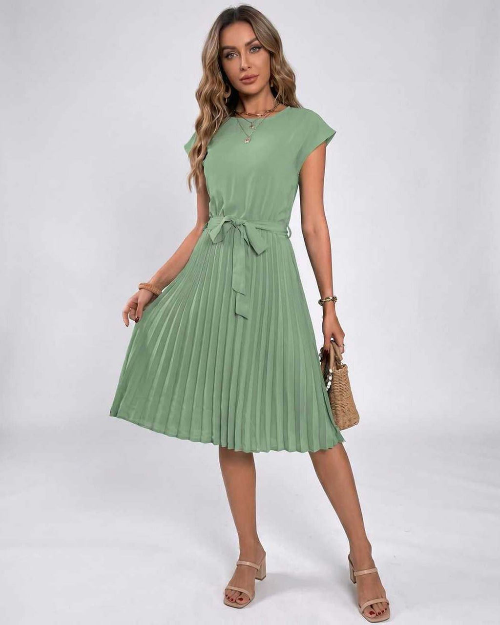 Lunessa Midi Dress by Lauven — green pleated chiffon cap sleeve round neck midi dress