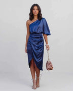 Veloura Midi Dress by Lauven — navy satin one shoulder draped midi dress with slit