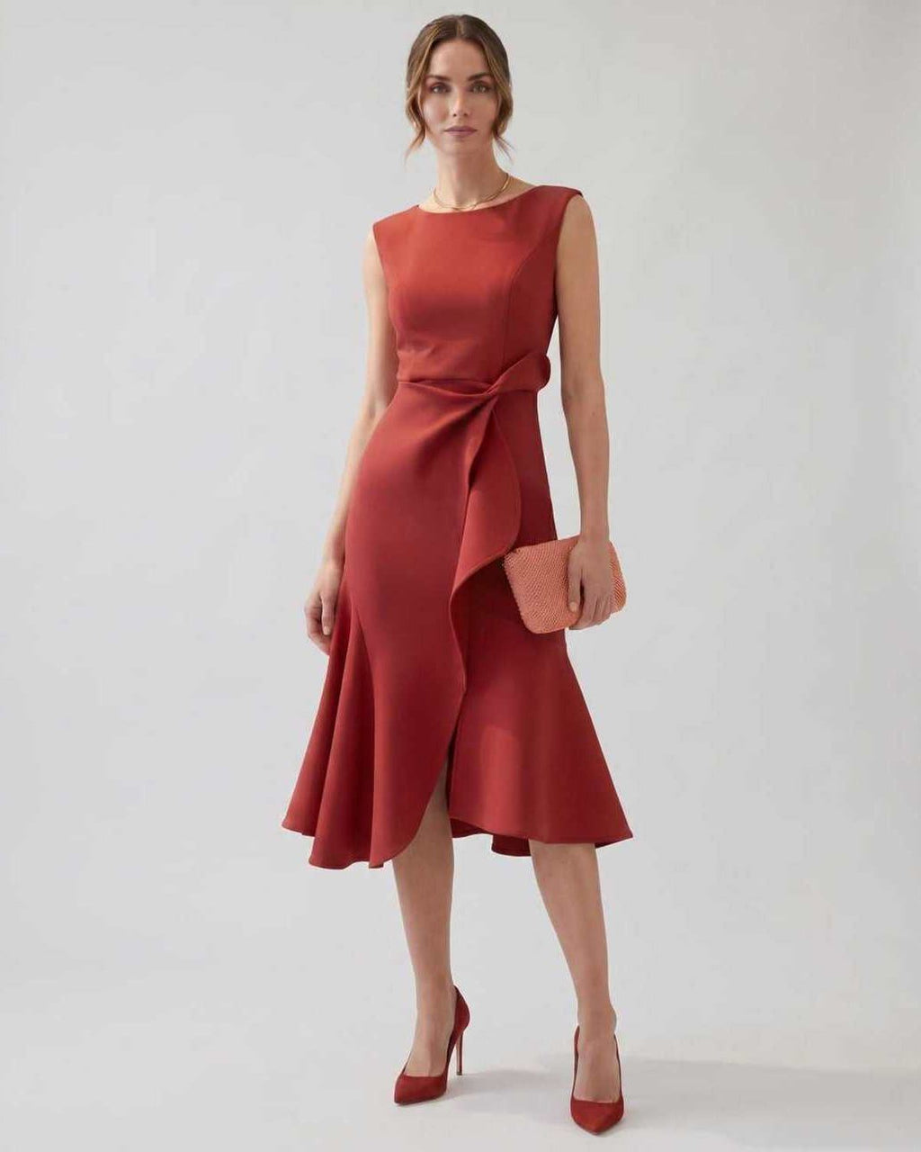 Serelune Midi Dress by Lauven — red sleeveless satin midi dress with ruffle detail and fit flare silhouette