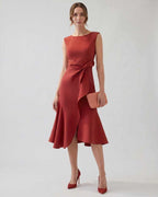 Serelune Midi Dress by Lauven — red sleeveless satin midi dress with ruffle detail and fit flare silhouette