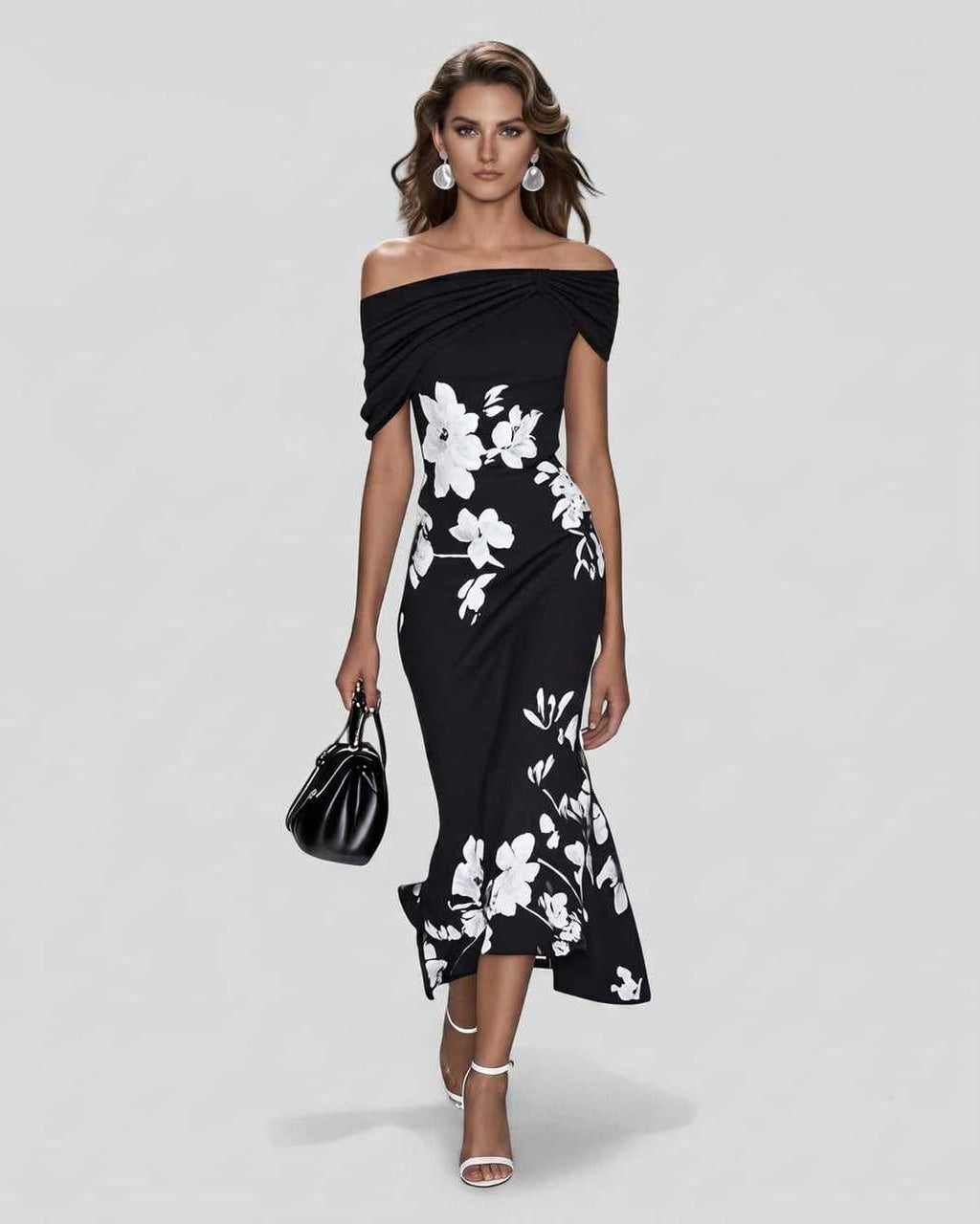 Veloura Midi Dress by Lauven — black floral off shoulder satin midi dress with draped sleeves