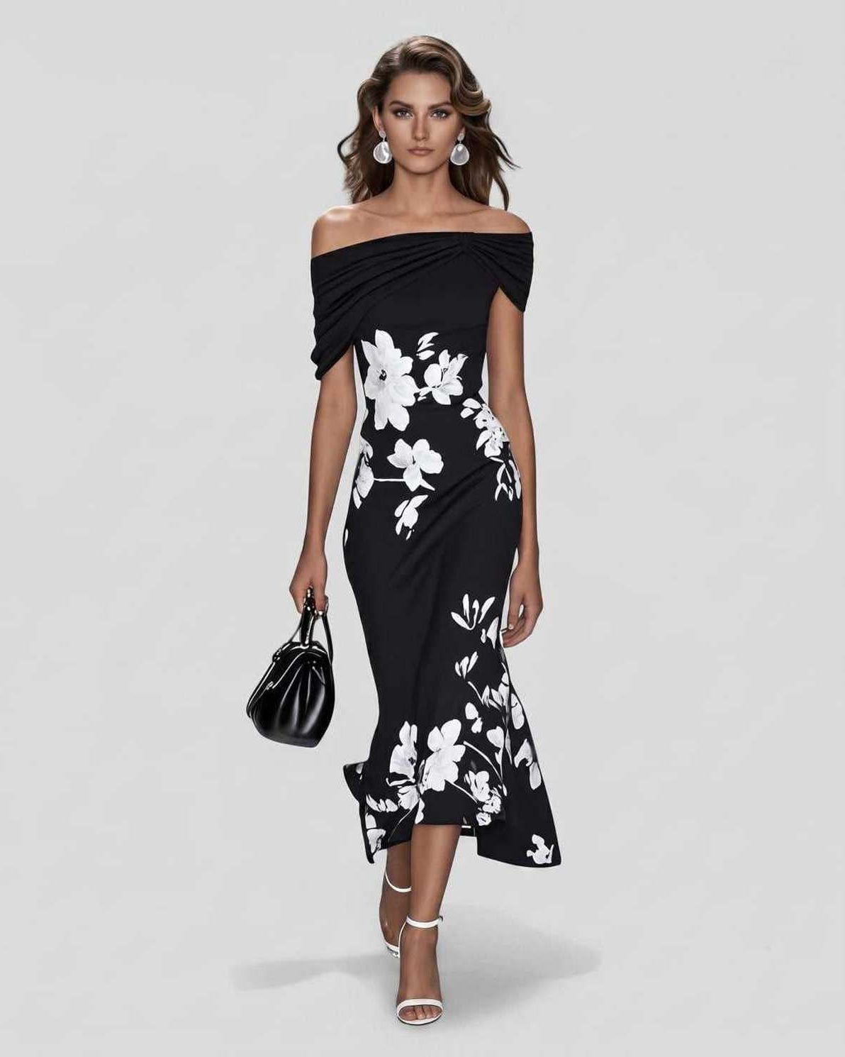 Veloura Midi Dress by Lauven — black floral off shoulder satin midi dress with draped sleeves