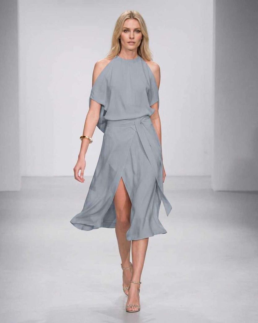 Seralyn Midi Dress by Lauven — gray halter sleeveless wrap midi dress with tie waist and front slit