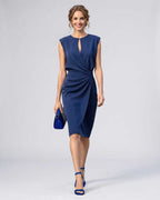 Velmira Midi Dress by Lauven — navy sleeveless keyhole wrap midi dress with ruched waist