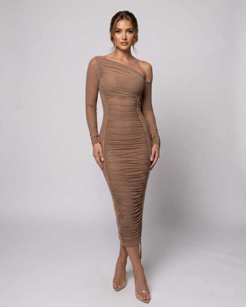 Veloura Midi Dress by Lauven — brown one shoulder long sleeve ruched bodycon midi dress