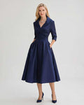 Serelune Midi Dress by Lauven — navy satin blend 3/4 sleeve V-neck A-line midi dress