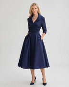 Serelune Midi Dress by Lauven — navy satin blend 3/4 sleeve V-neck A-line midi dress