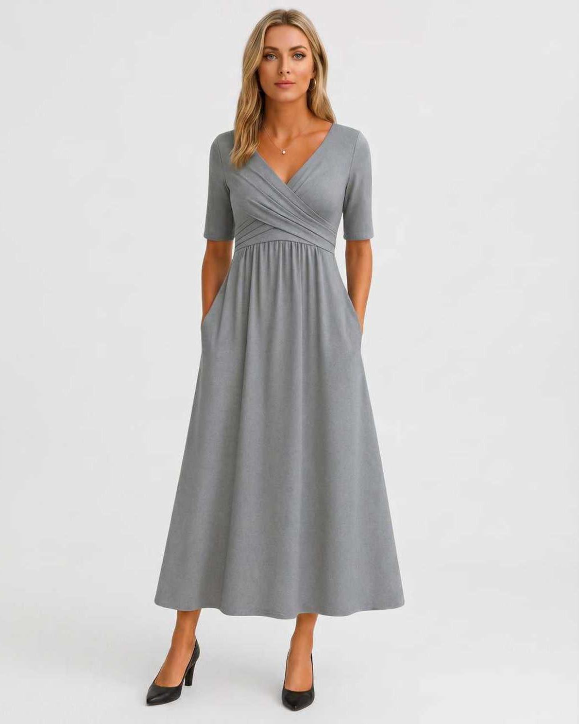 Velmira Midi Dress by Lauven — gray soft stretch short sleeve V-neck A-line midi dress