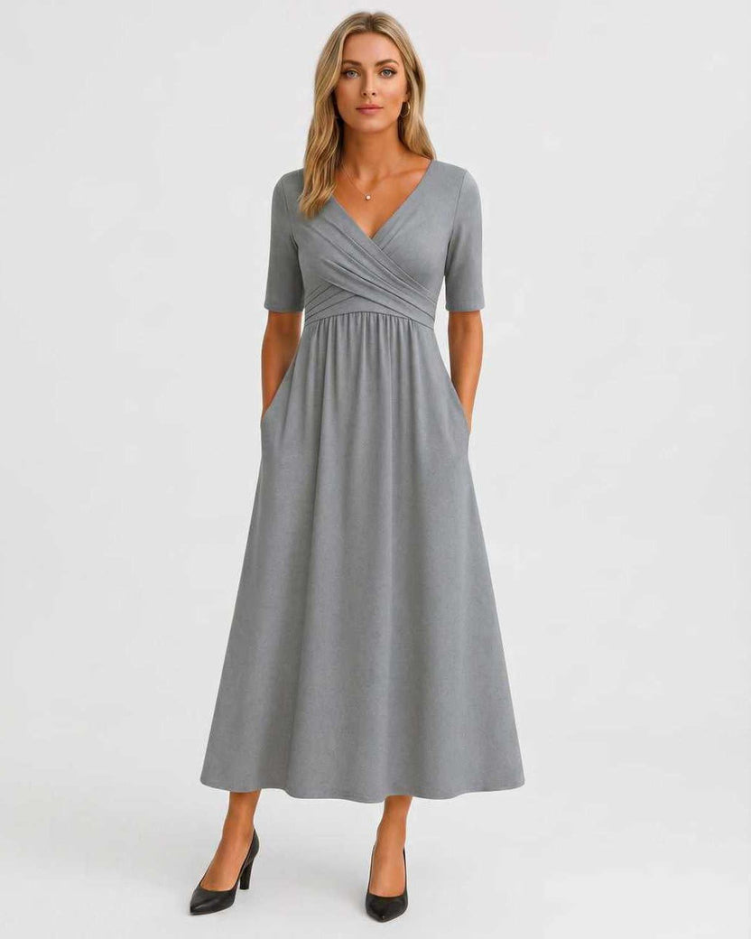Velmira Midi Dress by Lauven — gray soft stretch short sleeve V-neck A-line midi dress
