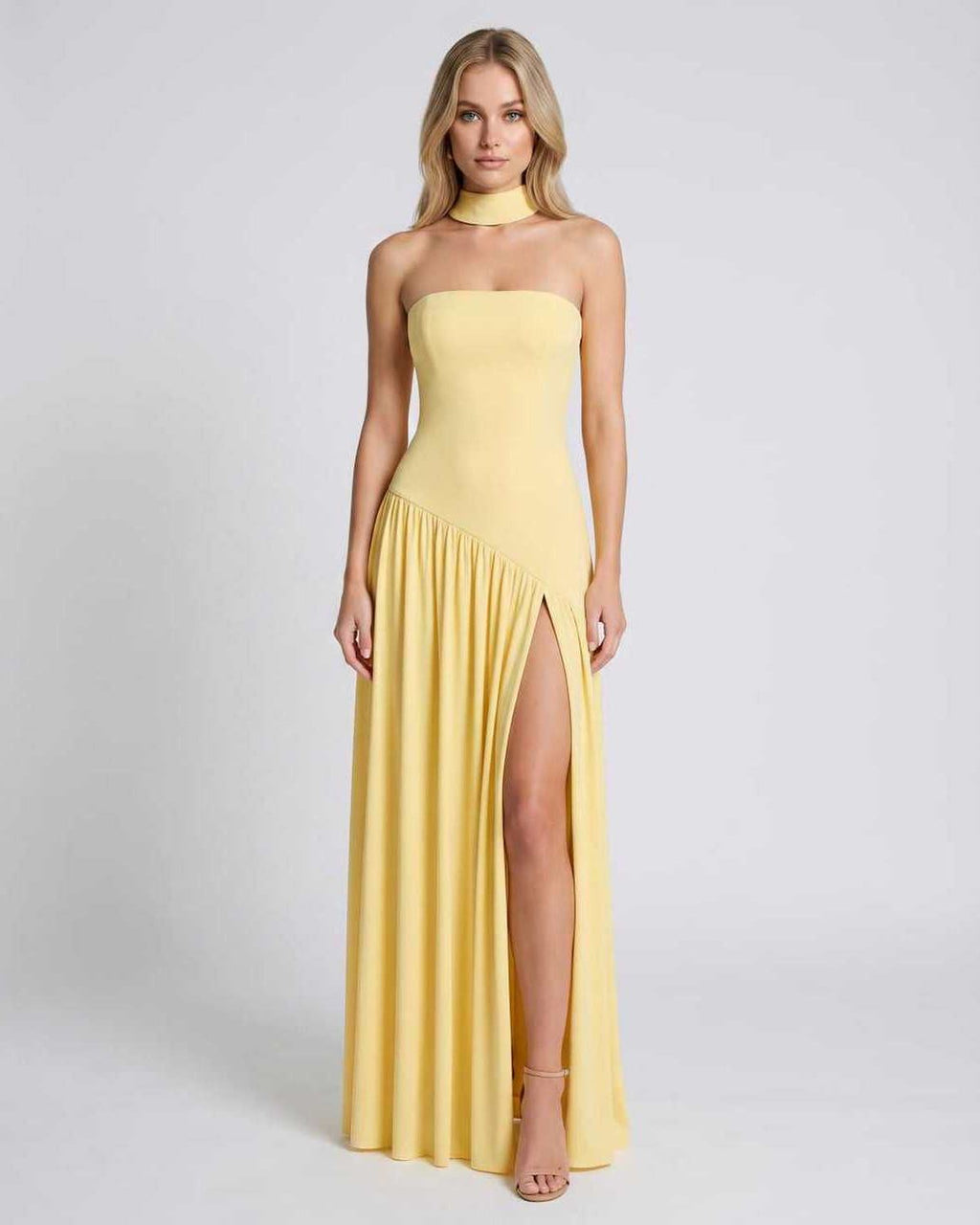 Solenne Maxi Dress by Lauven — yellow stretch knit sleeveless strapless asymmetric maxi dress