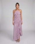 Valerise Maxi Dress by Lauven — purple chiffon sleeveless halter asymmetrical maxi dress