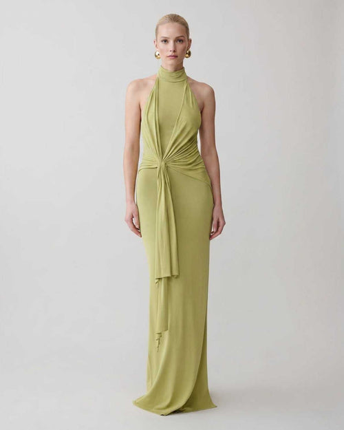 Serelle Maxi Dress by Lauven — green polyester sleeveless halter neck fitted column maxi dress