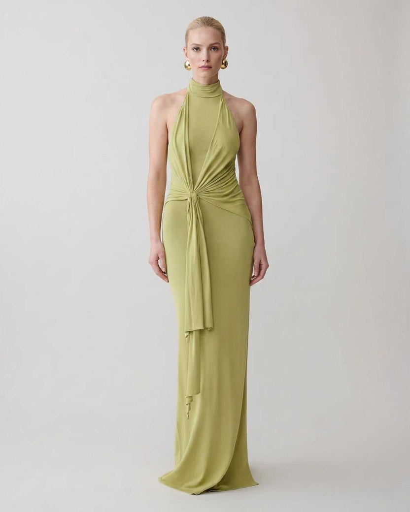 Serelle Maxi Dress by Lauven — green polyester sleeveless halter neck fitted column maxi dress