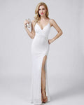 Celeste Maxi Dress by Lauven — white sequin sleeveless V-neck mermaid maxi dress with spaghetti straps and front slit