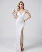 Celeste Maxi Dress by Lauven — white sequin sleeveless V-neck mermaid maxi dress with spaghetti straps and front slit