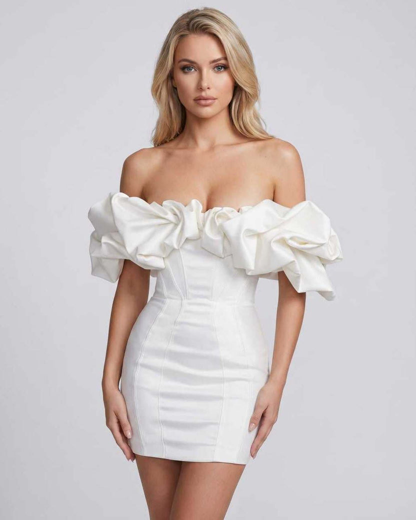 Aurelle Mini Dress by Lauven — white polyester spandex flounce sleeve off-the-shoulder bodycon mini dress