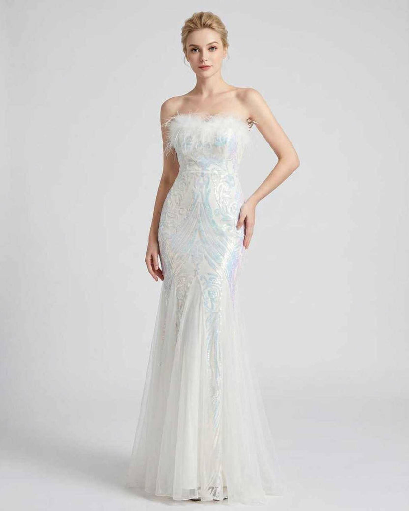 Celestia Maxi Dress by Lauven — white polyester-spandex sleeveless off-the-shoulder mermaid maxi dress
