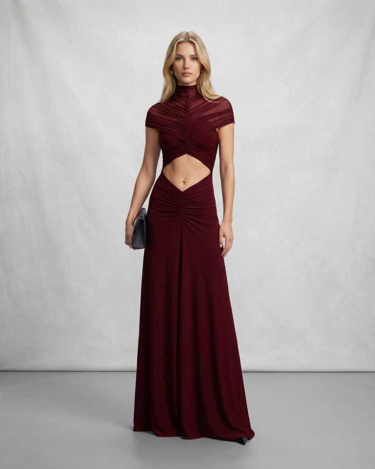 Veloura Maxi Dress by Lauven — red polyester short sleeve stand collar flared hem maxi dress