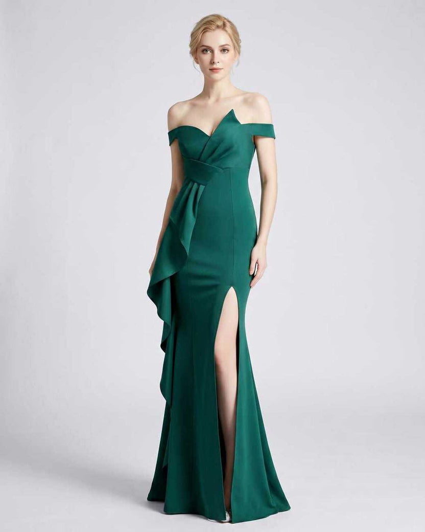 Veloura Maxi Dress by Lauven — green polyester spandex off-the-shoulder mermaid maxi dress with slit