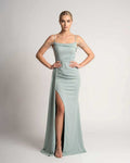 Celestia Maxi Dress by Lauven — green polyester spaghetti strap mermaid maxi dress with beading and split