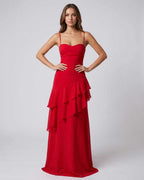 Rosette Maxi Dress by Lauven — red polyester V-neck sleeveless bodycon maxi dress with layered ruffles