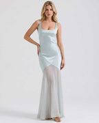 Lunelle Maxi Dress by Lauven — green polyester square neck sleeveless slip maxi dress with satin chiffon detail