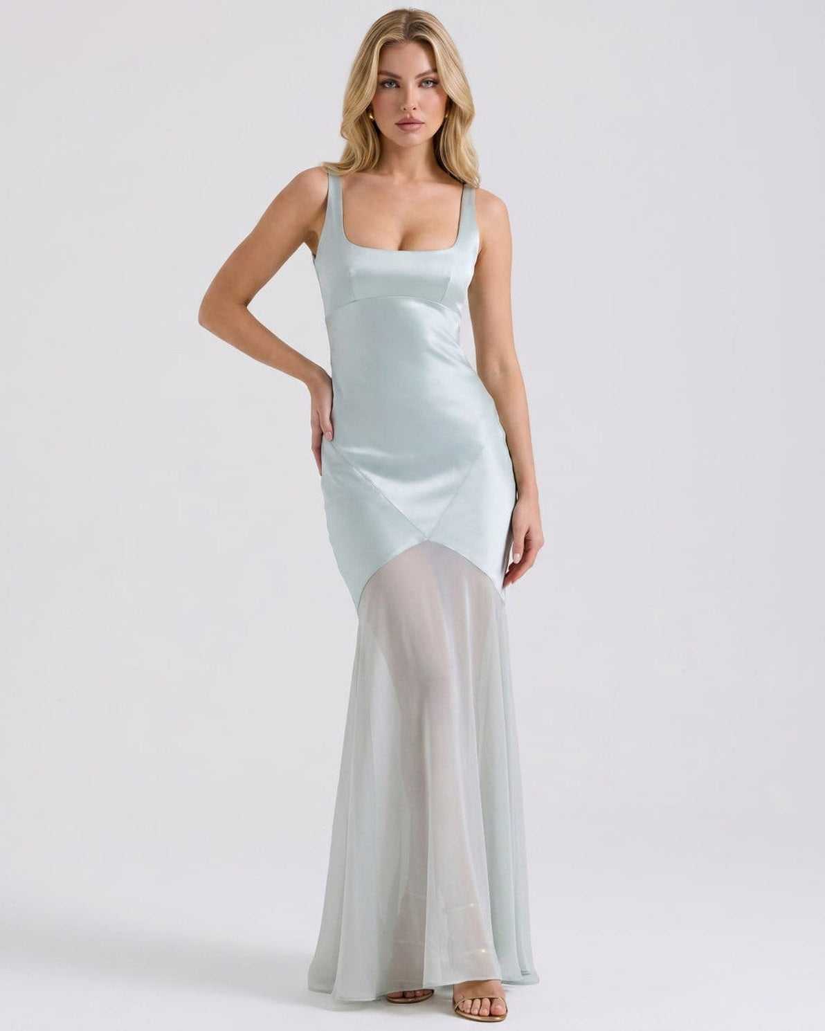 Lunelle Maxi Dress by Lauven — green polyester square neck sleeveless slip maxi dress with satin chiffon detail