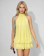 Lunelle Mini Dress by Lauven — yellow polyester sleeveless tie neck loose fit mini dress