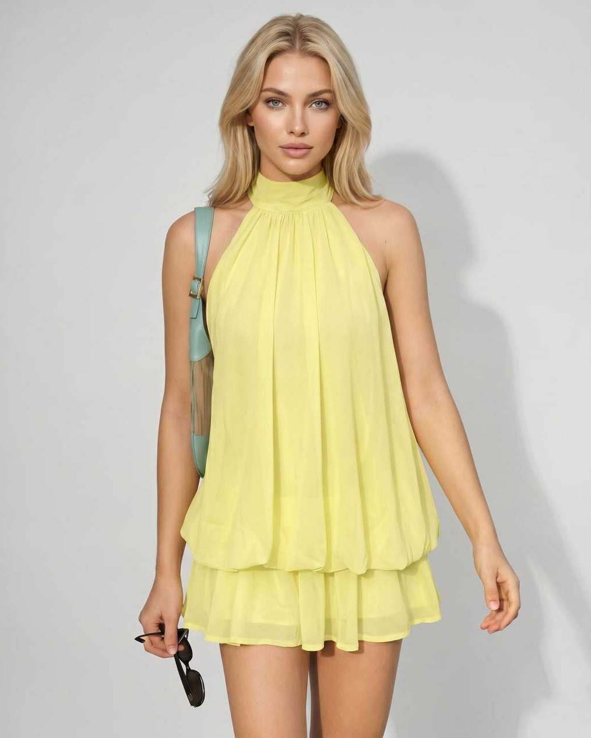 Lunelle Mini Dress by Lauven — yellow polyester sleeveless tie neck loose fit mini dress