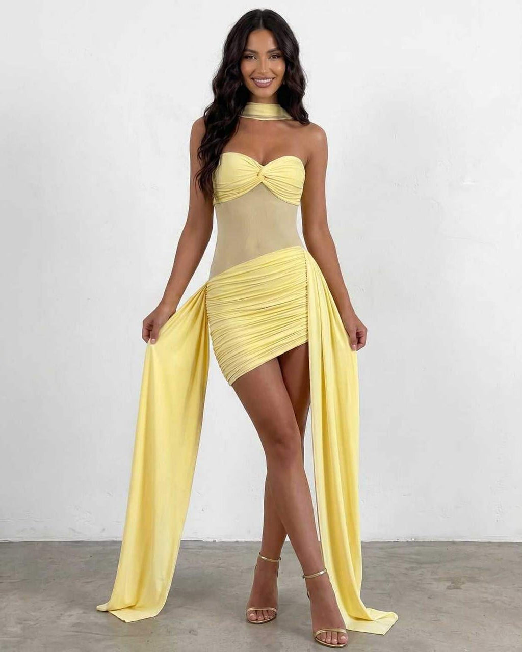 Veloura Mini Dress by Lauven — yellow polyester strapless bodycon mini dress with draped detail