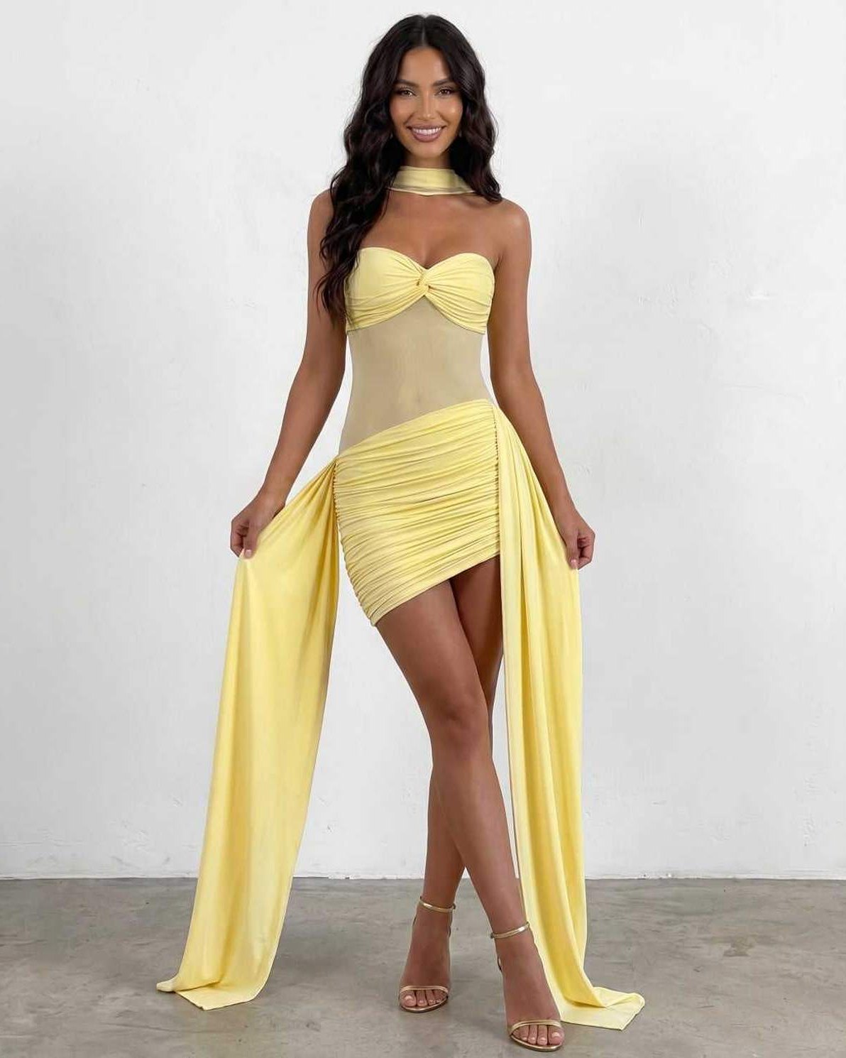 Veloura Mini Dress by Lauven — yellow polyester strapless bodycon mini dress with draped detail