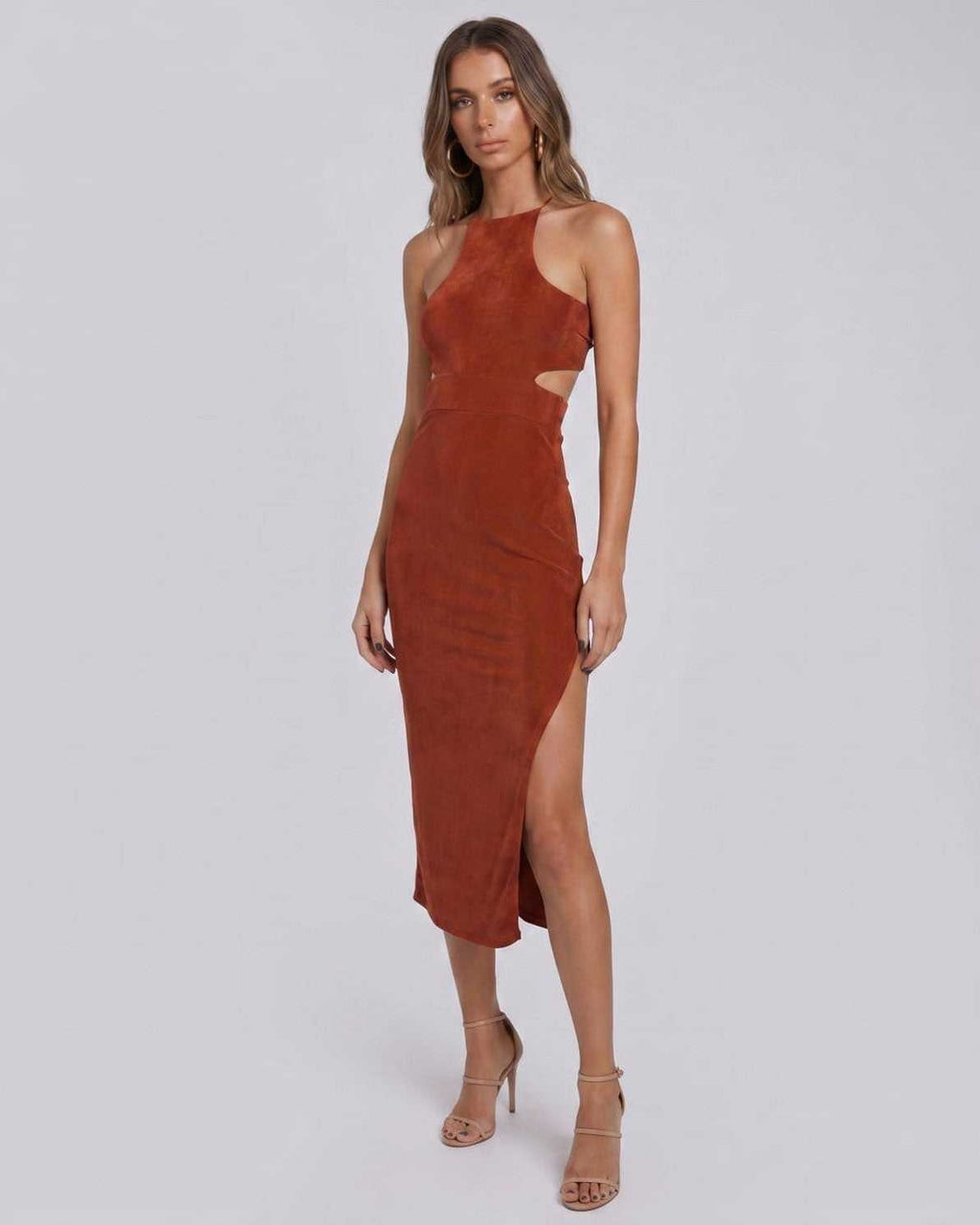 Sable Midi Dress by Lauven — brown suede-touch polyester blend sleeveless crew neck slim midi dress