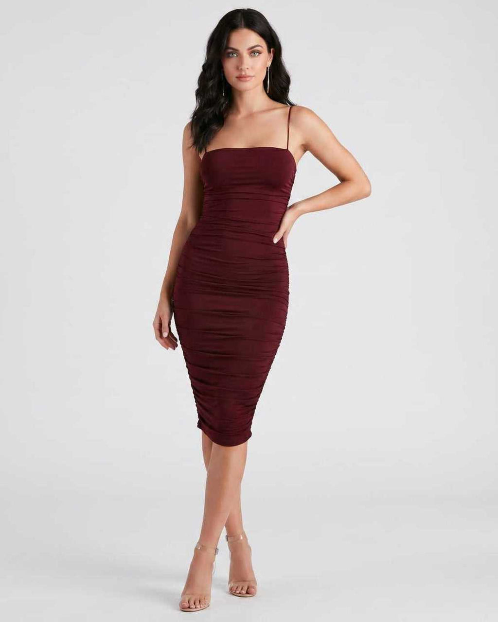 Velora Midi Dress by Lauven — red smooth knit sleeveless square neck ruched slim midi dress