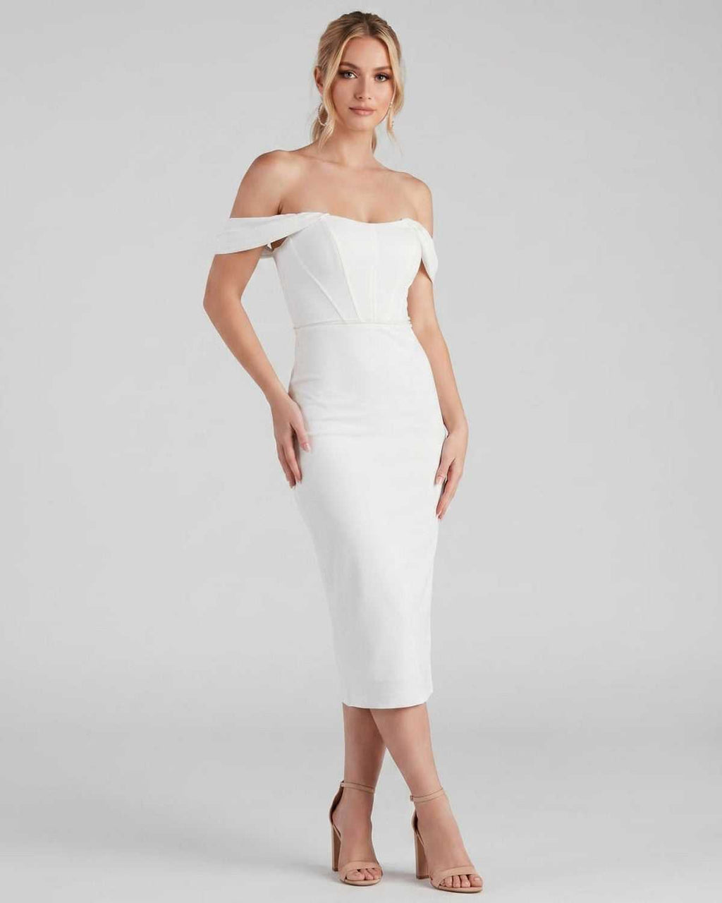Celeste Midi Dress by Lauven — white crepe-lined off-shoulder corset fitted midi dress