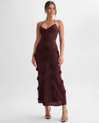 Rosette Maxi Dress by Lauven — brown textured polyester knit sleeveless V-neck floral maxi dress