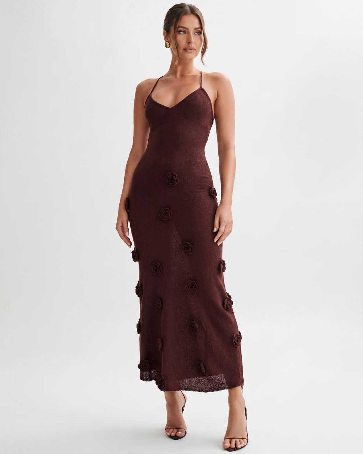 Rosette Maxi Dress by Lauven — brown textured polyester knit sleeveless V-neck floral maxi dress