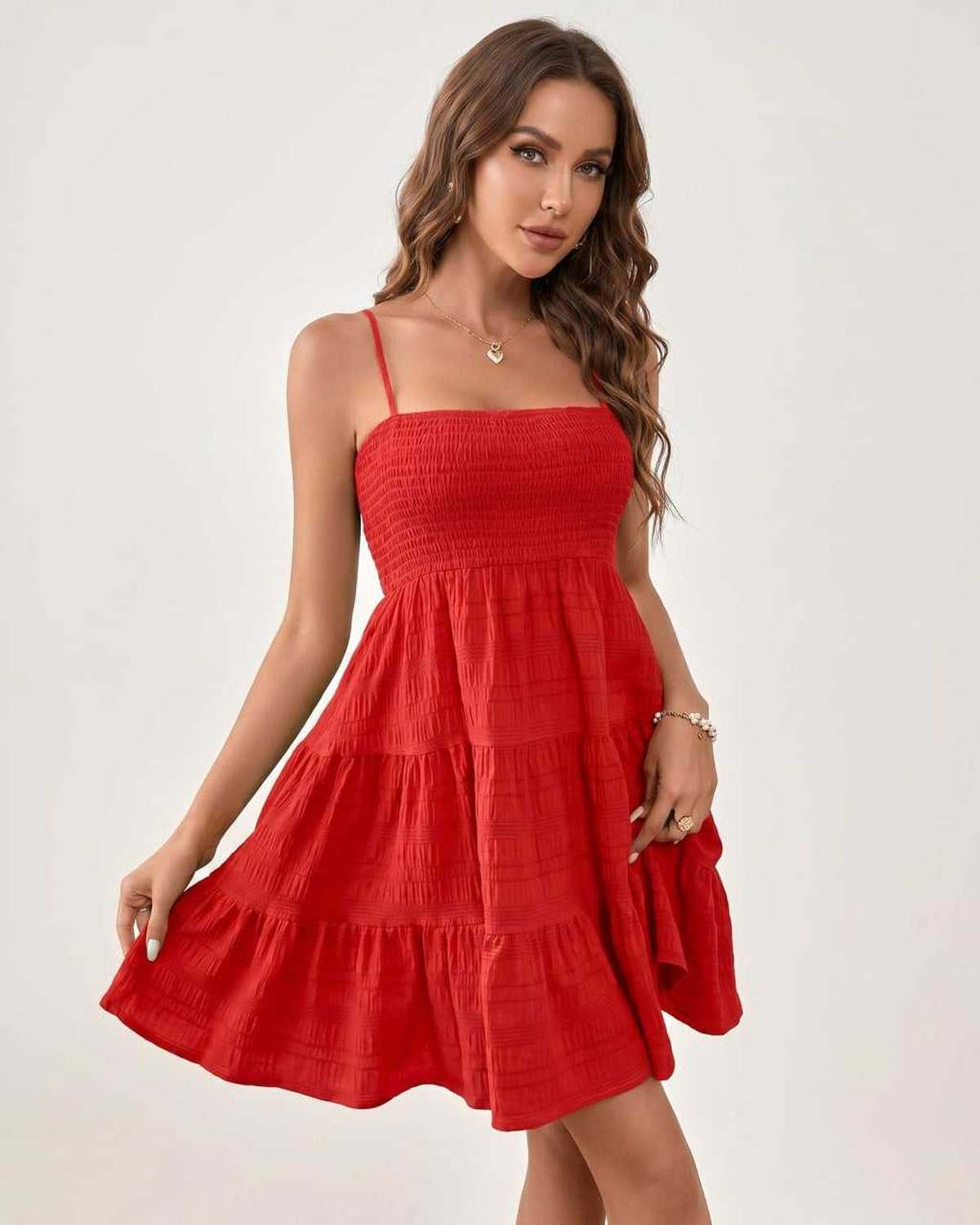 Solara Mini Dress by Lauven — red textured sleeveless square neck tiered swing mini dress
