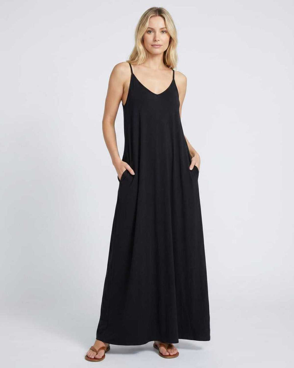 Solenne Maxi Dress by Lauven — black soft stretch sleeveless V-neck relaxed A-line maxi dress