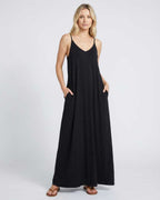 Solenne Maxi Dress by Lauven — black soft stretch sleeveless V-neck relaxed A-line maxi dress