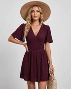 Calista Mini Dress by Lauven — burgundy chiffon ruffled short sleeve V-neck A-line mini dress