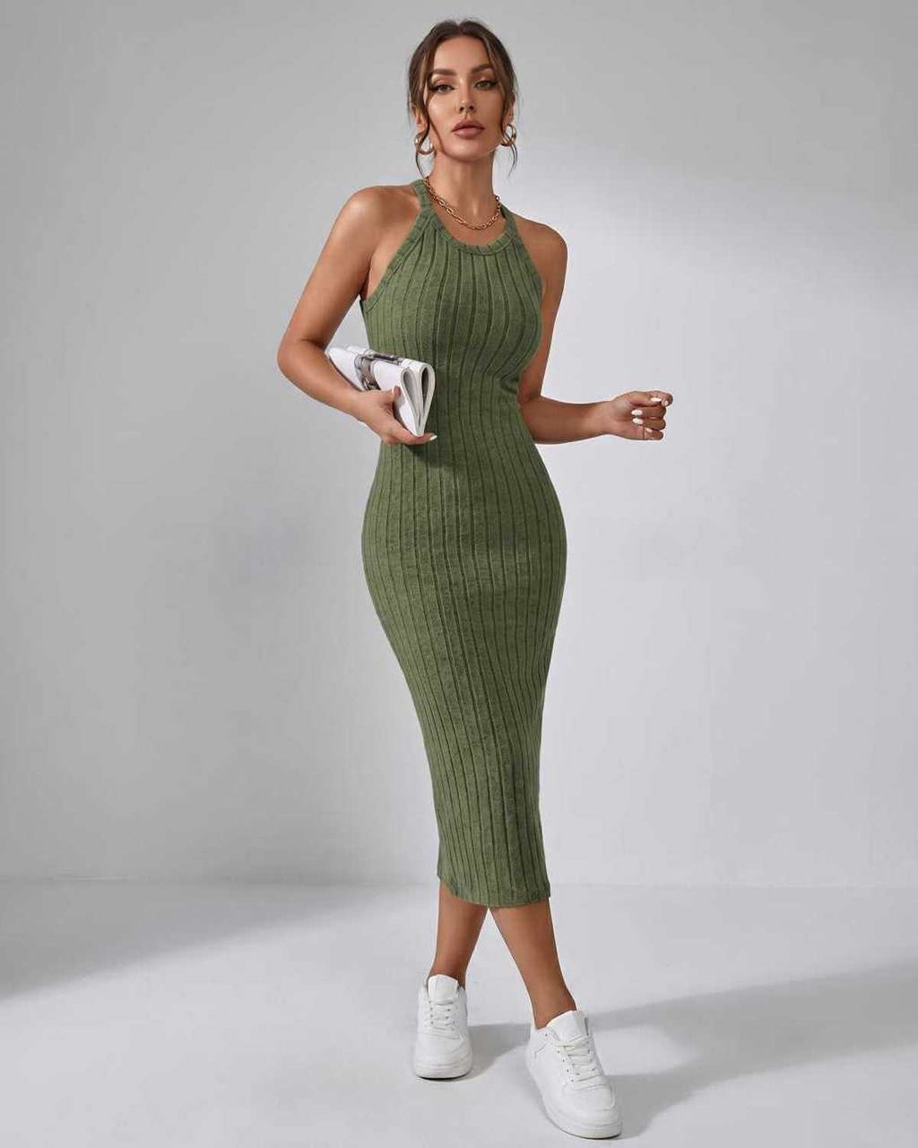 Lunara Midi Dress by Lauven — sage green ribbed knit sleeveless crew neck slim-fit midi dress